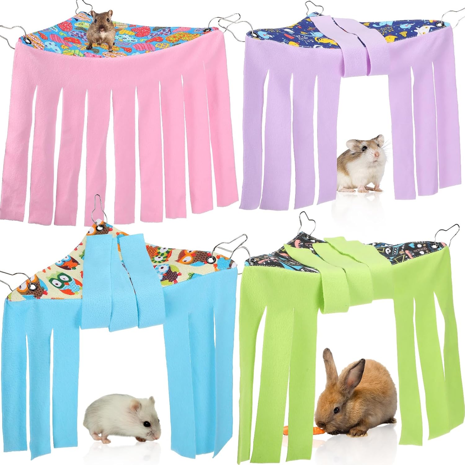 Geetery 4 Pcs Guinea Pig Hideout Small Animal Corner Fleece Hideaway Cute Ferret Hammock Cage Decor Accessories for Hamster Hedgehog Small Bunny Small Pets, 4 Styles